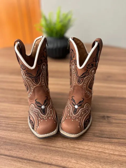 Texana Alice Infantil - Couro Horse Nescau/Bordado Tribal Preto