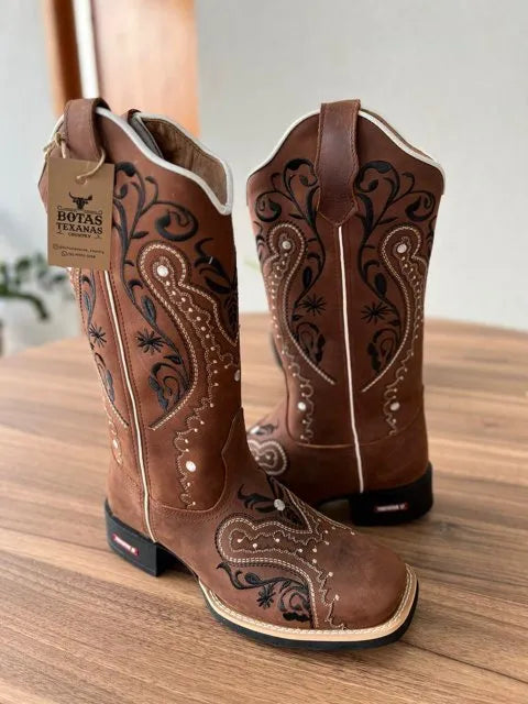 Texana Alice - Couro Horse Nescau/Bordado Tribal Preto