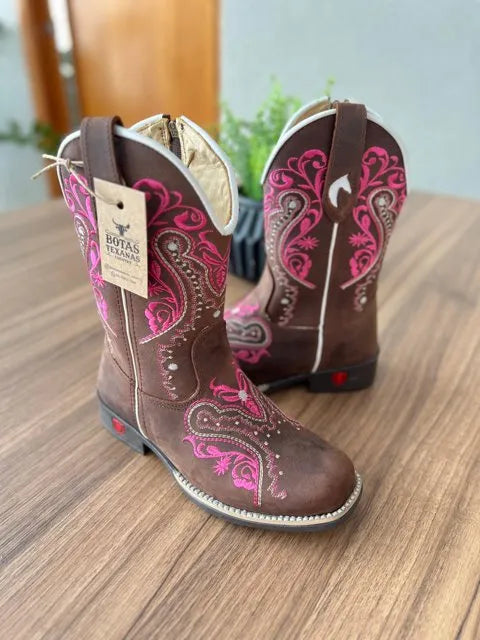 Texana Alice Infantil - Couro Horse Nescau/Bordado Tribal Rosa