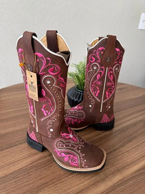 Texana Alice - Couro Horse Nescau/Bordado Tribal Rosa com Padroeira