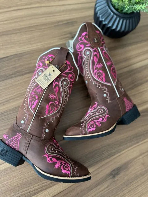 Texana Alice - Couro Horse Nescau/Bordado Tribal Rosa com Padroeira