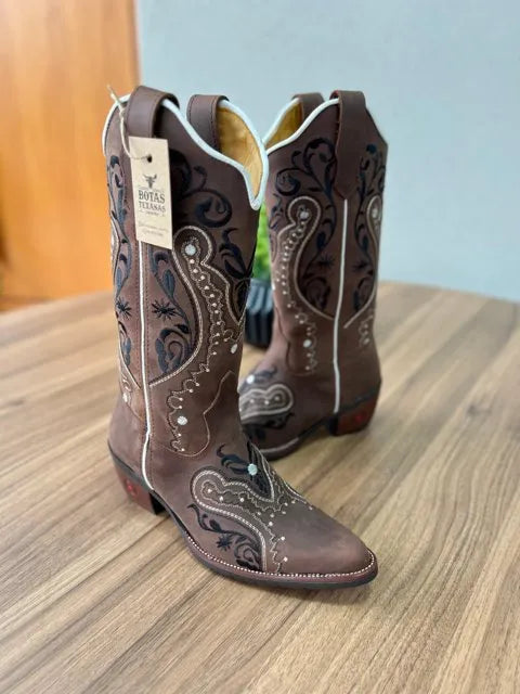 Texana Alice Bico Fino - Couro Horse Nescau/Bordado Tribal Preto