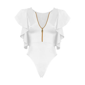 Maiô Teresa com Decote em V Babado no Ombro Fecho Frontal em Zíper