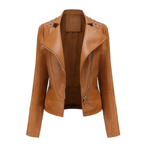 Jaqueta Feminina Slim Estilo Biker com Gola Dobrável e Detalhes Retrô - (Promoção de Inverno 2026)