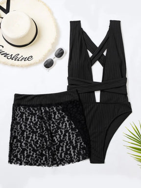 Maiô Margarida Conjunto Texturizado Decote V Com Saia Pareô