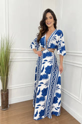  Vestido Longo Novara com Recorte na Cintura Manga Flare 3/4 Decote em V