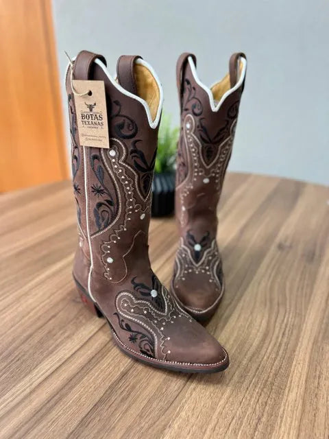 Texana Alice Bico Fino - Couro Horse Nescau/Bordado Tribal Preto