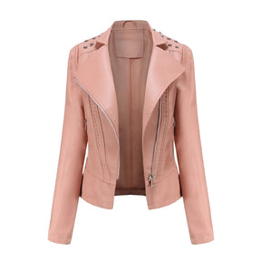 Jaqueta Feminina Slim Estilo Biker com Gola Dobrável e Detalhes Retrô - (Promoção de Inverno 2026)